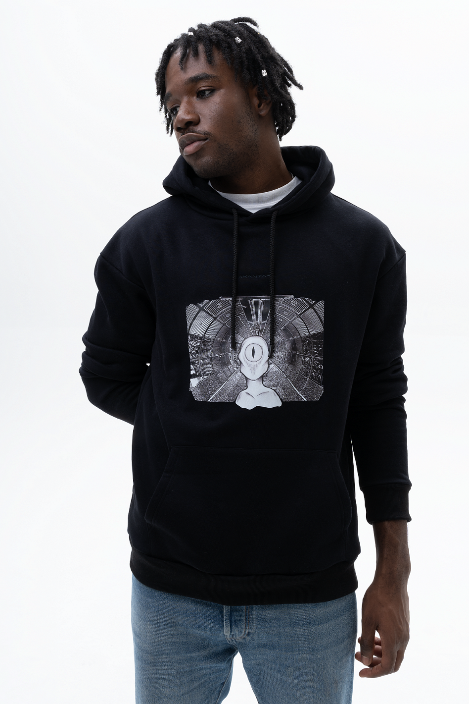 AKANTARA Alien Print Hoodie in black, featuring a vibrant alien design, unisex fit